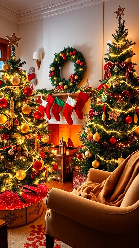 Cozy Christmas living room with a decorated tree, fireplace, and festive decorations.